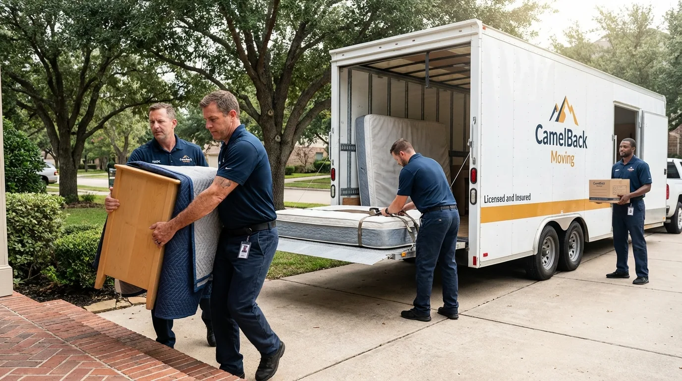 Crew loading residential truck for cross-state move from Albemarle, NC