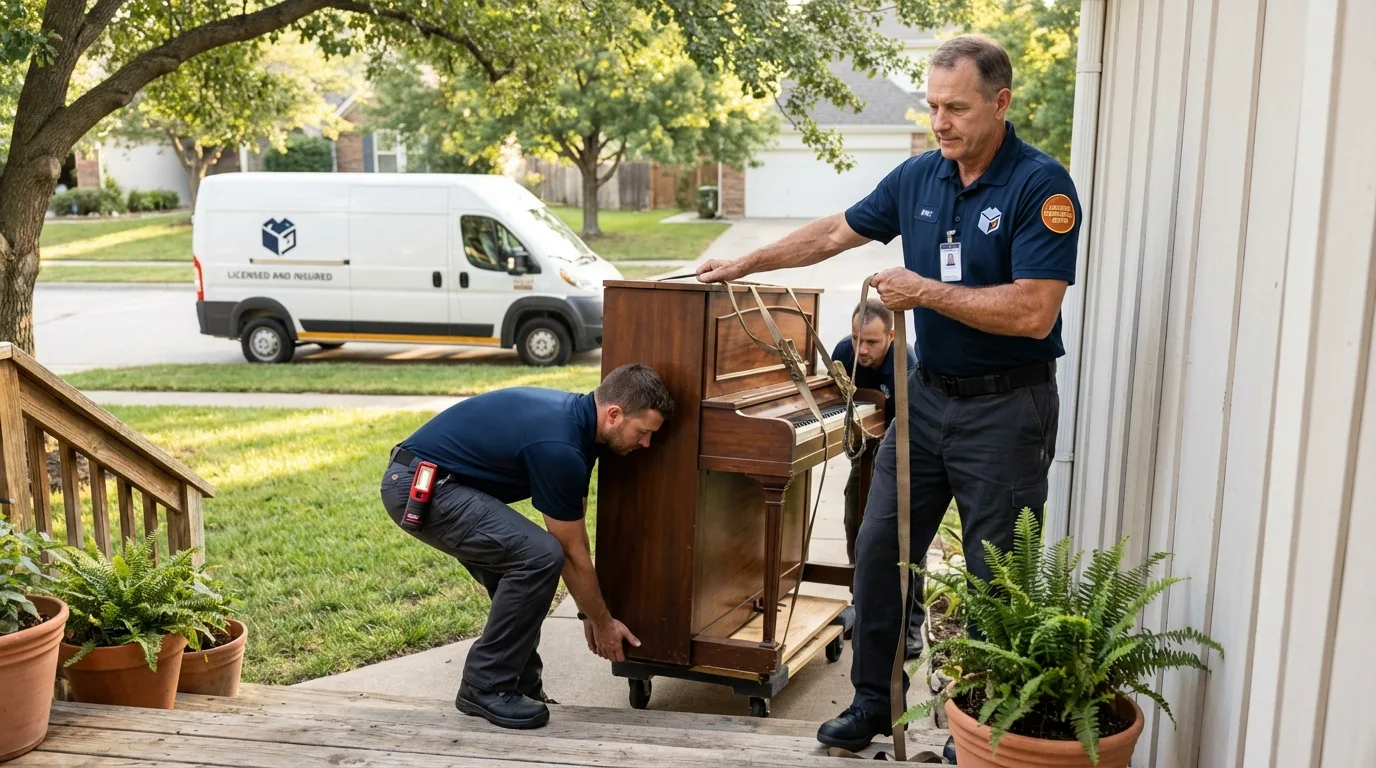 Licensed piano movers securing grand piano in Albemarle, NC