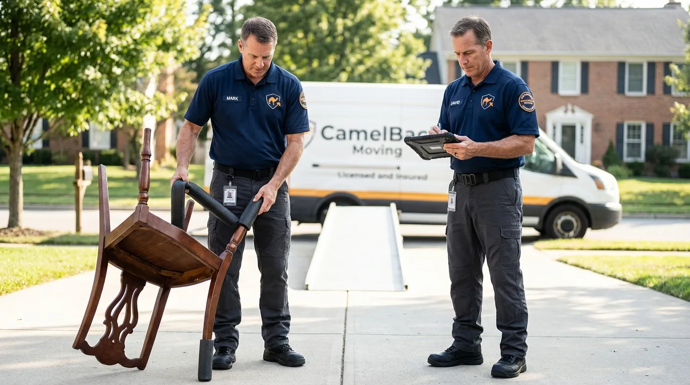 Movers inspecting furniture for damage prevention before loading in Albemarle, NC