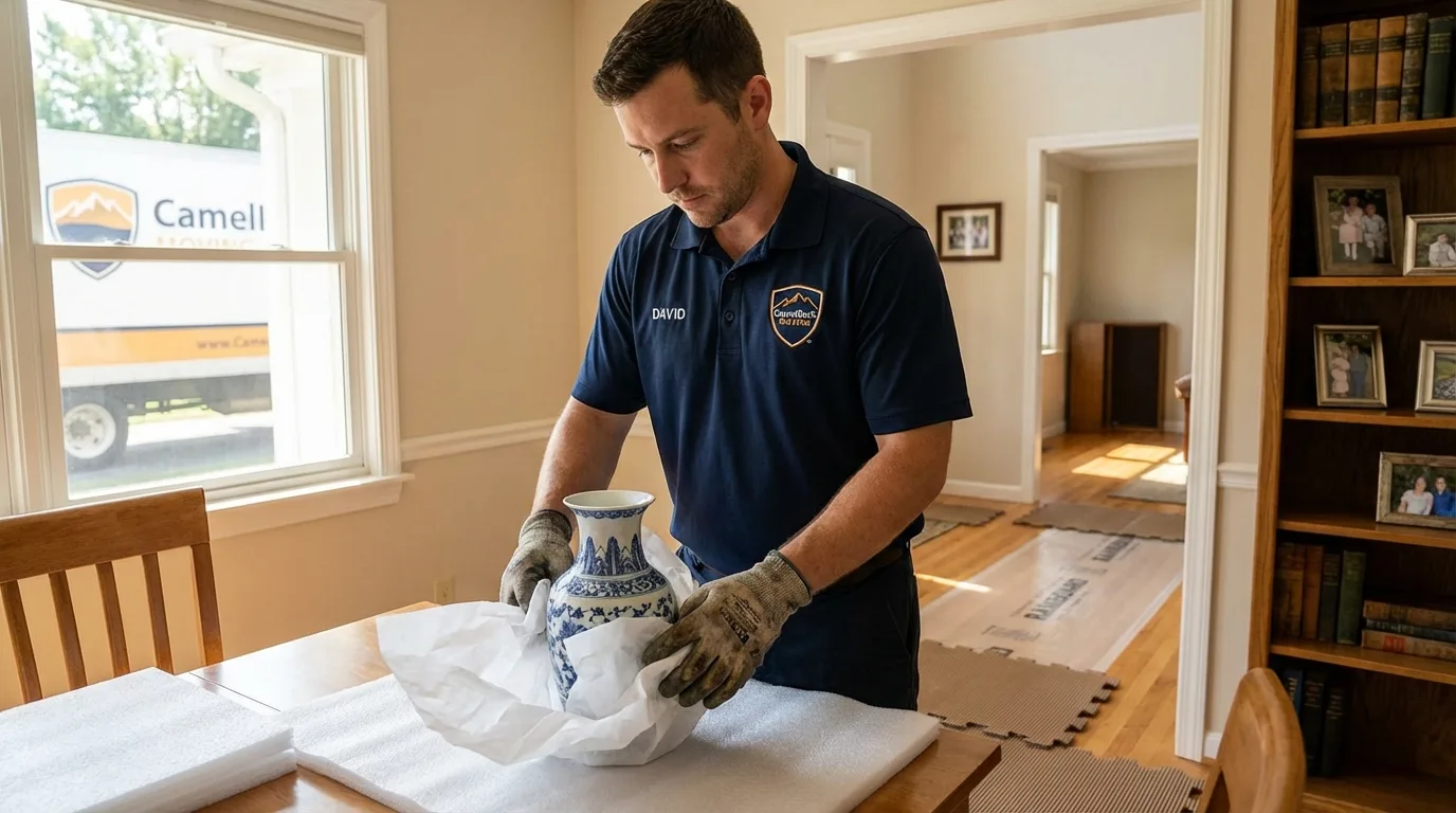 Professional crew carefully wrapping antique vase for senior downsizing move in Albemarle, NC